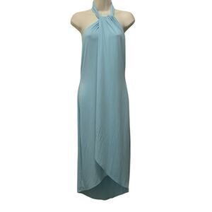 VENUS Aqua Blue Faux Wrap Halter Dress High Low Midi Small Backless